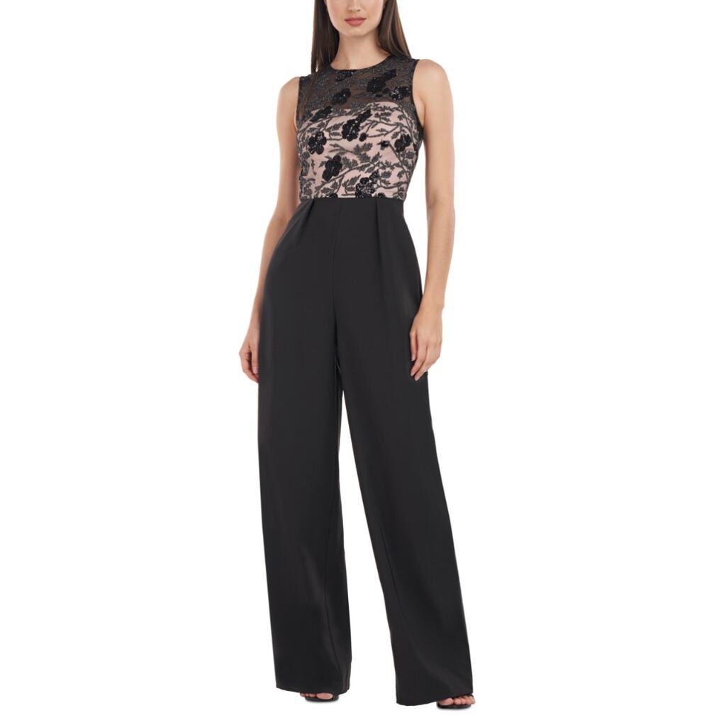 JS Collections Black and Pink Jumpsuit Sequined Lace Wide Leg Pant Size 18